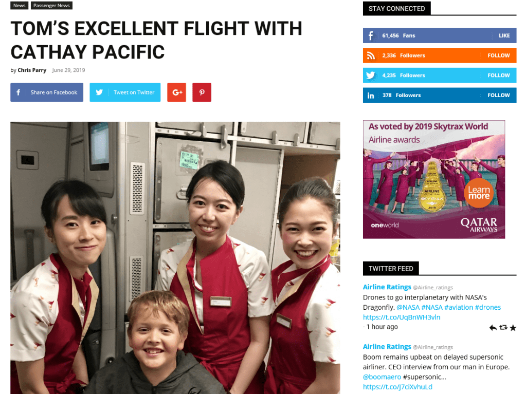 As Published in ‘Airline Ratings’, Tom Loves&nbsp;Cathay!